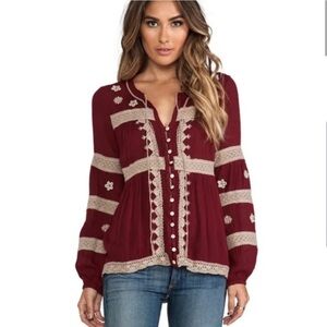 Free People Burgundy and Cream Embroidered Blouse size M